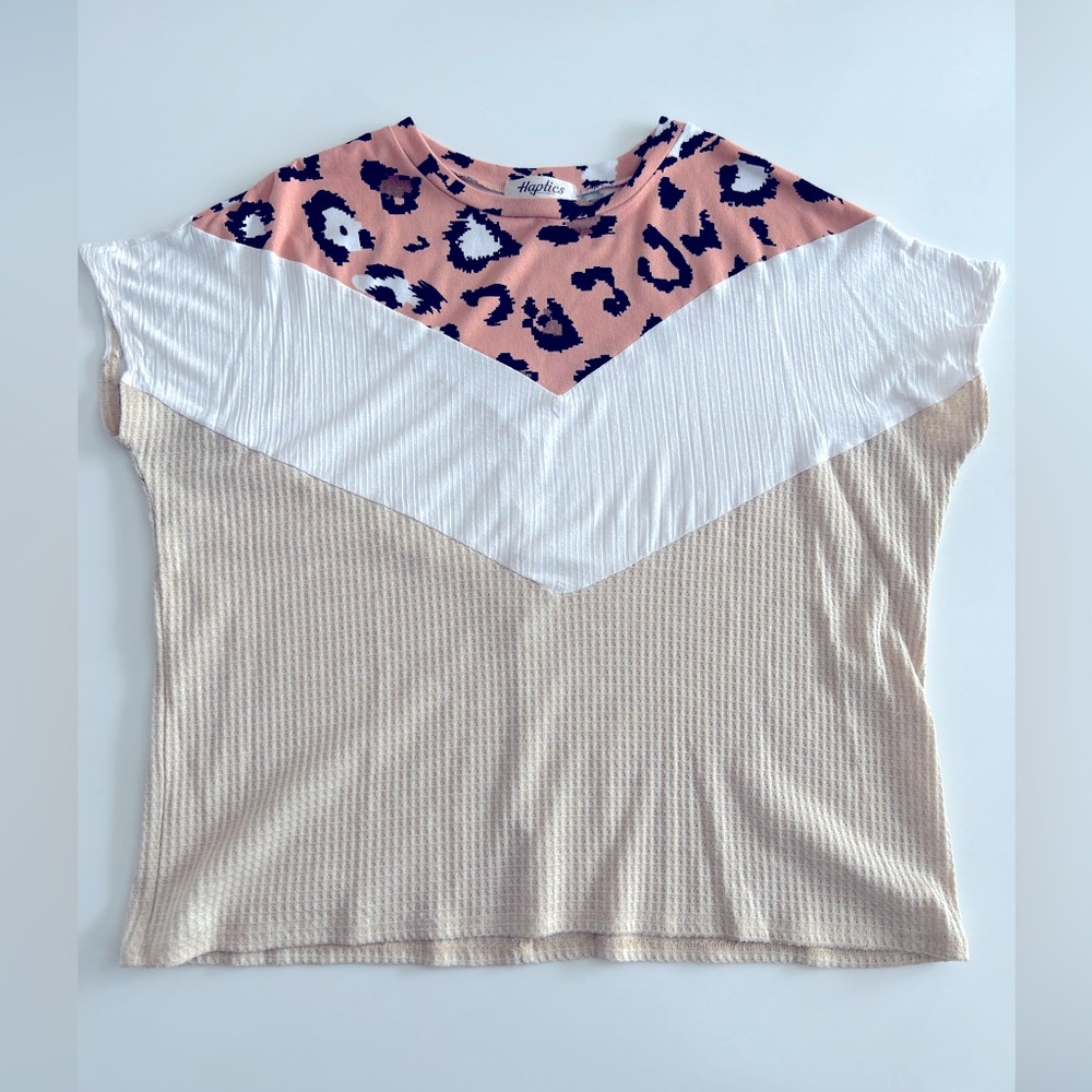 Patch panel Top with cheetah print and waffle stitch